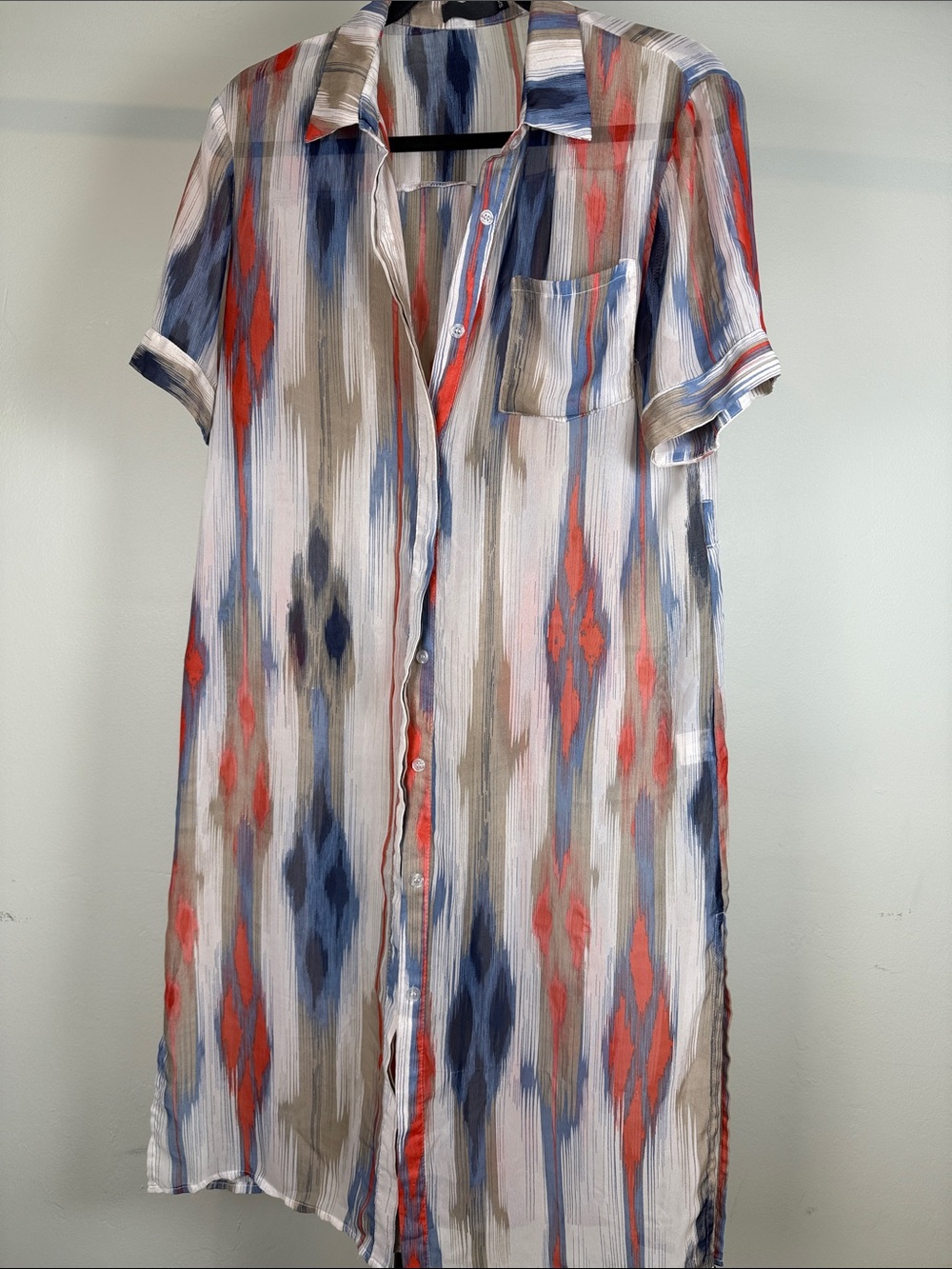 Abstract Vertical Ikat Print Semi Sheer Button Down Shirt Dress Short Sleeve S/M